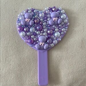 Purple Heart-Shaped Hand Mirror with Teddy Bear Design